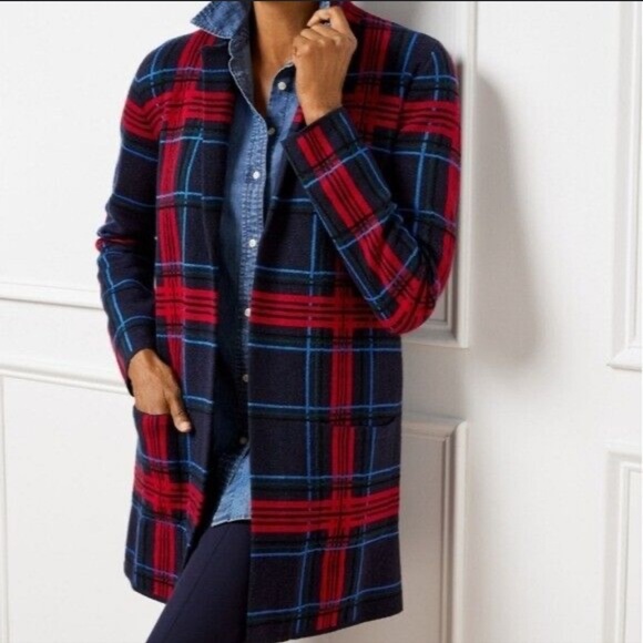 Talbots Sweaters - Talbots Merino Wool Red Blue Plaid Blazer Cardigan Jacket Sweater Holiday